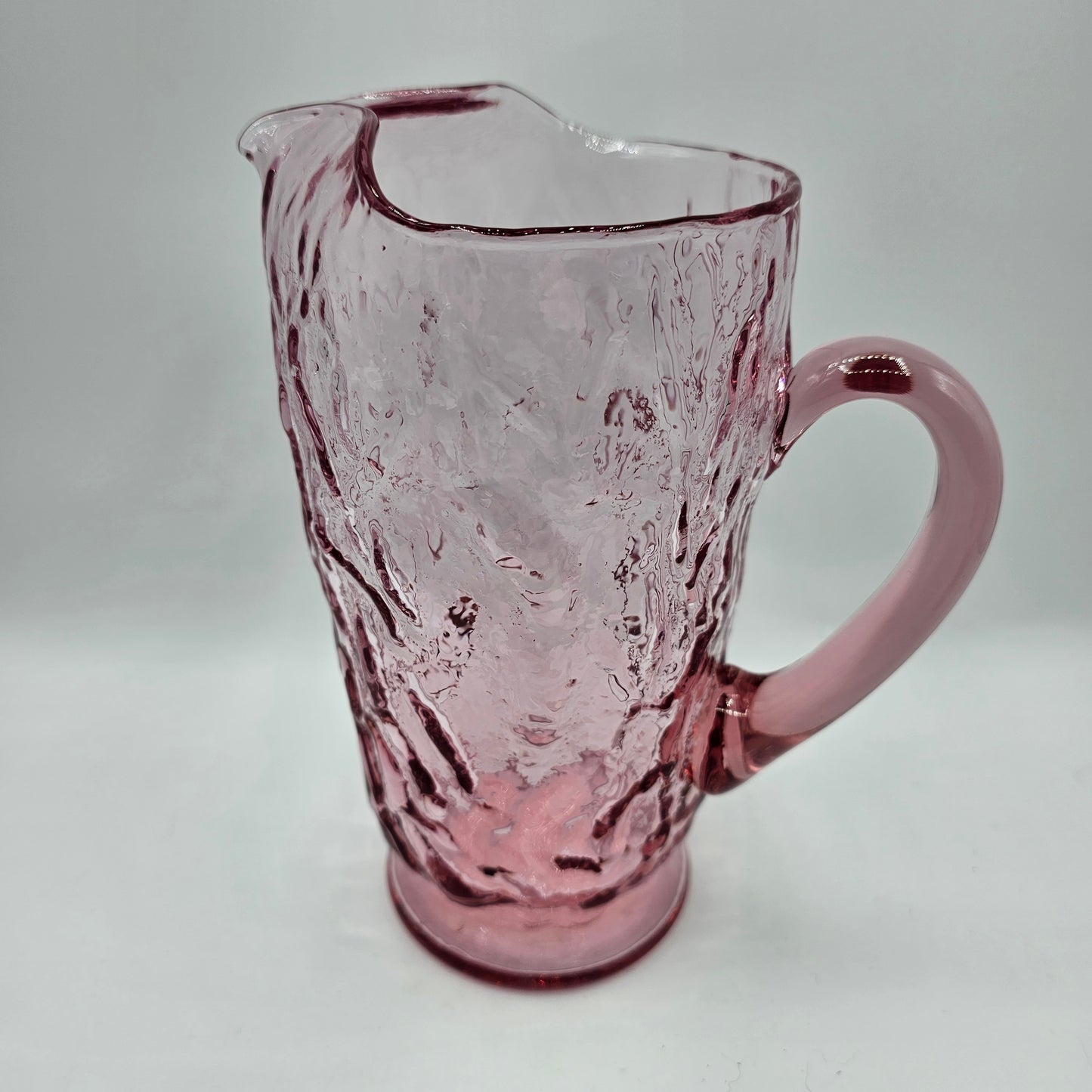 Pink Crinkle Glass Jug and 3 Pedestal Stemmed Wine Glass Goblets by Seneca