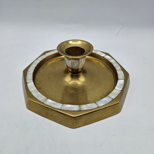 Vintage Solid Brass Taper Candle Holder with Inlaid Mother of Pearl and Octagonal Shaped Drip Tray