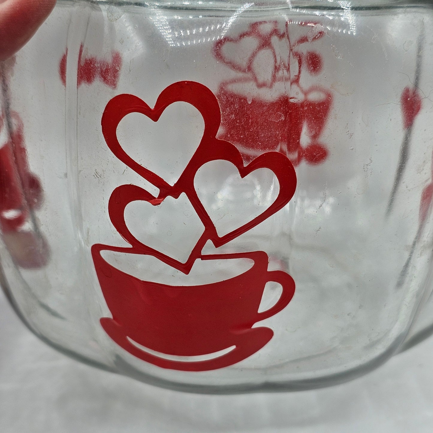 Glass Pumpkin Lidded Cookie Jar with Red Coffee Stickers (easily removed)