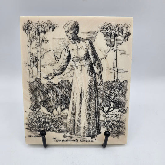 Etching on Faux Marble Tile "Compassionate Woman by Bob Newitt LDS Folk Art 6"x5"