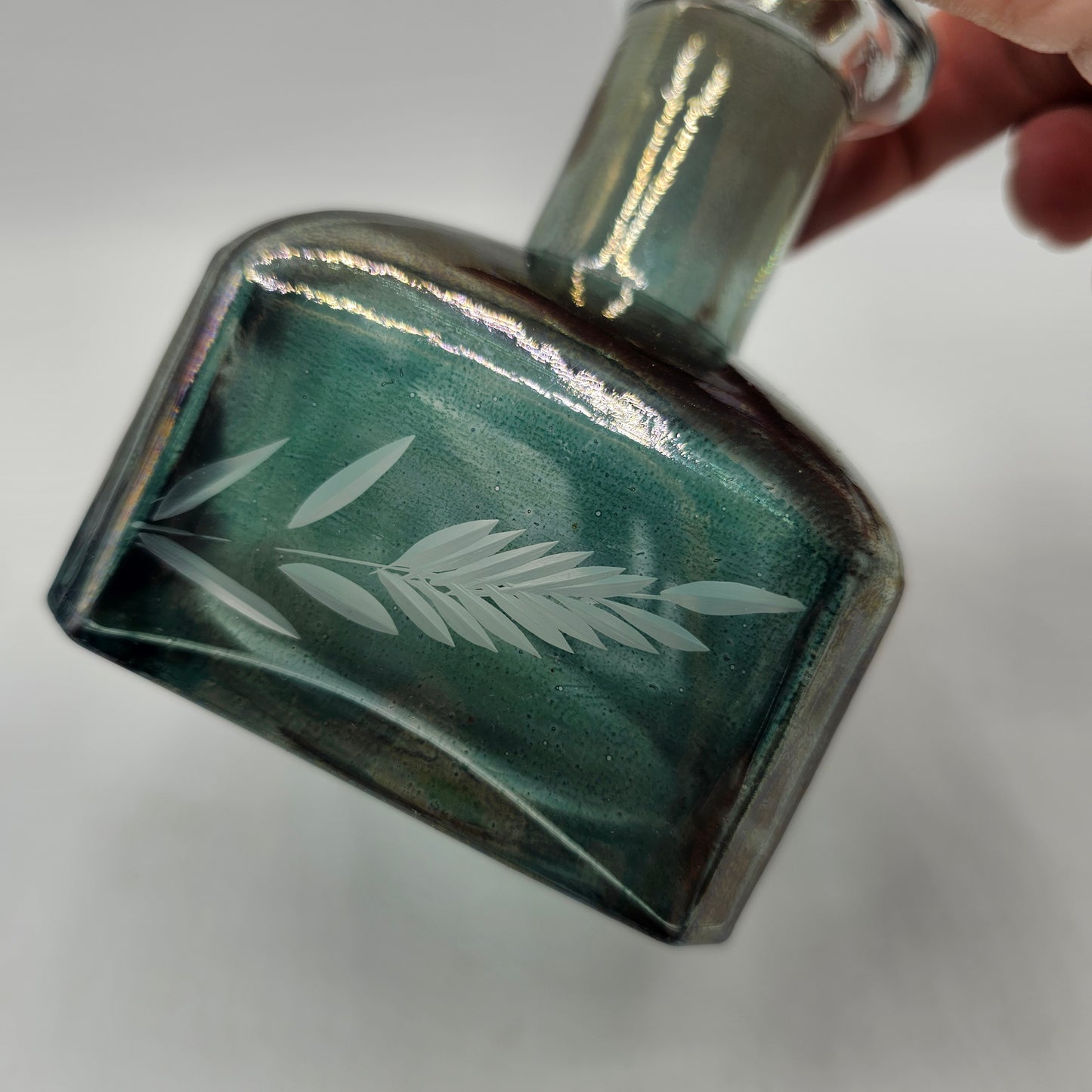 Etched Iridescent Glass Perfume Bottles with Ground Necks and Faceted Stoppers