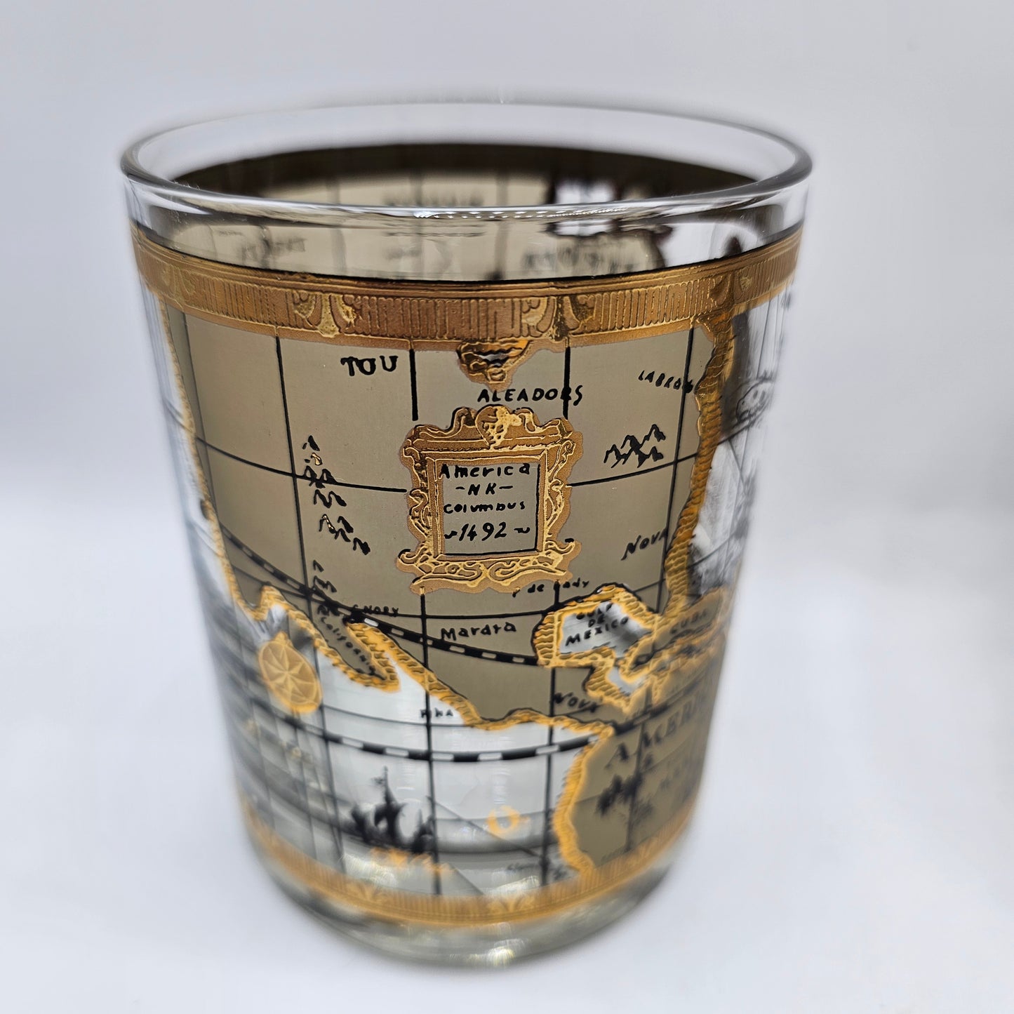 Vintage Cera Old World Globe Map Lowball Whiskey Glasses Tumblers with Applied Gold Design - Set of 4