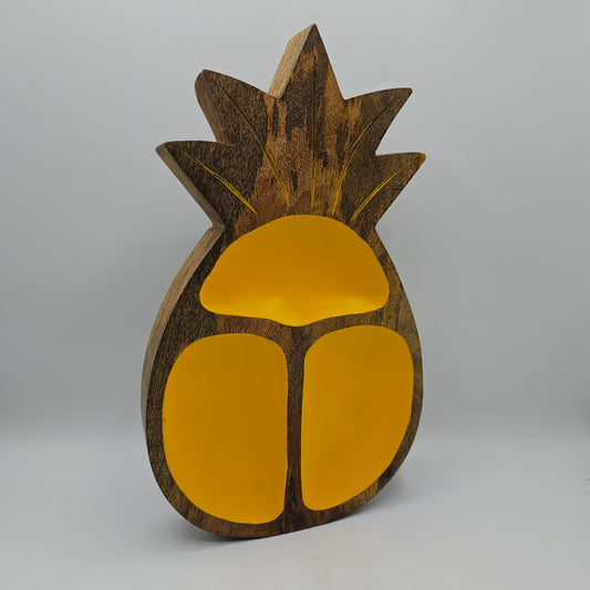 Wooden Pineapple Trinket or Candy Tray with Enameled Yellow Indents