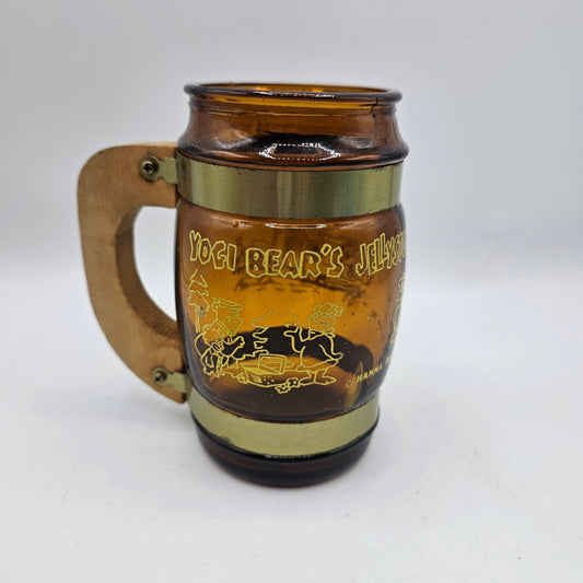 Yogi Bear Jellystone Park Amber Glass Mug - Siesta Ware Style Mug with Brass Bands and Wooden Handle