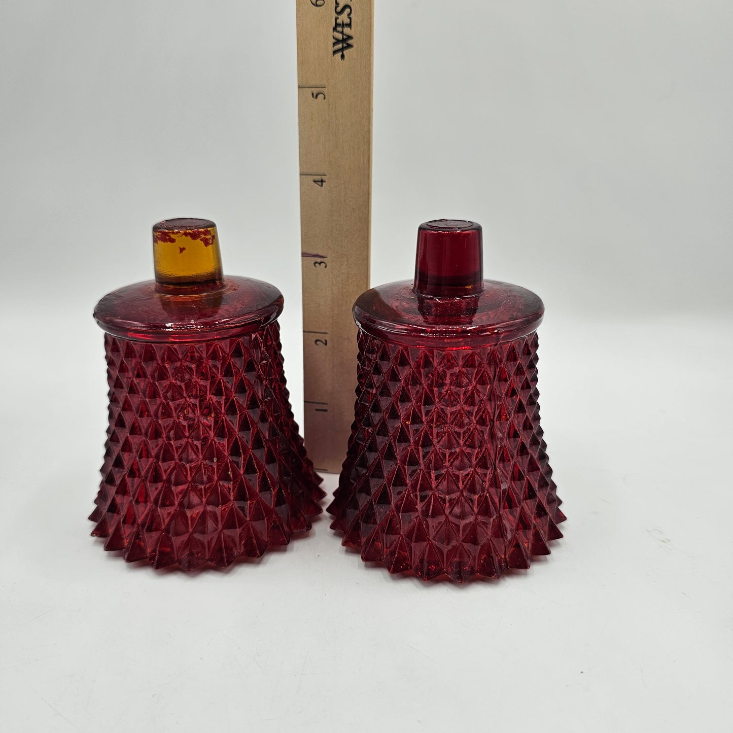 Vintage Homco Ruby Red glass diamond point peg votive candle holders