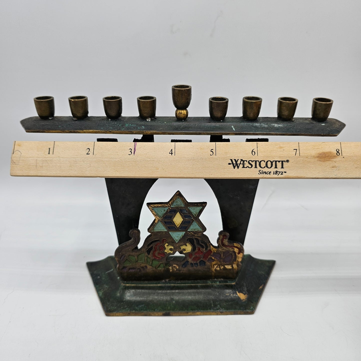 Vintage Solid Brass Painted Menorah for Taper Candles