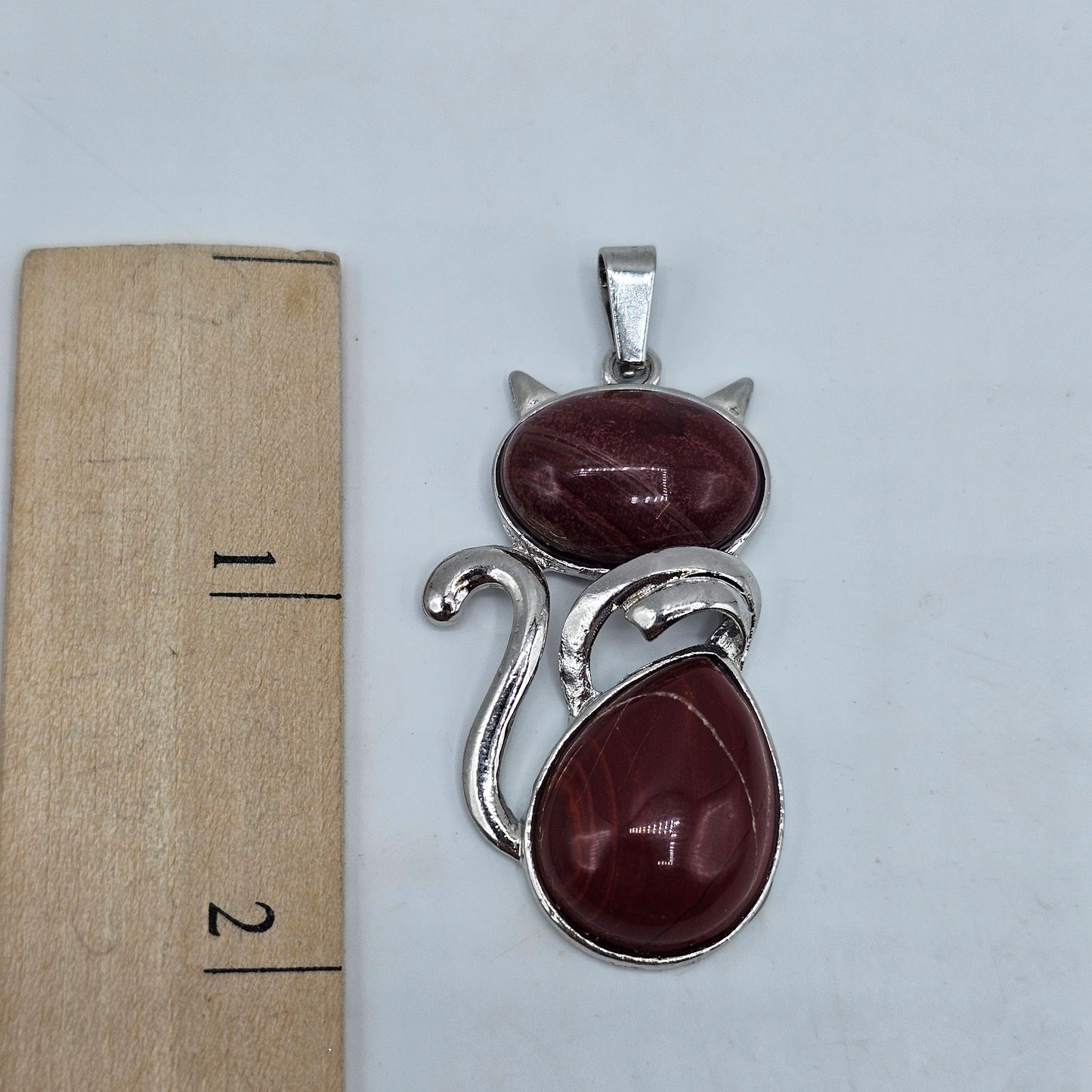 Red Jasper Stone Kitty Cat Pendant with Silver Tone Setting