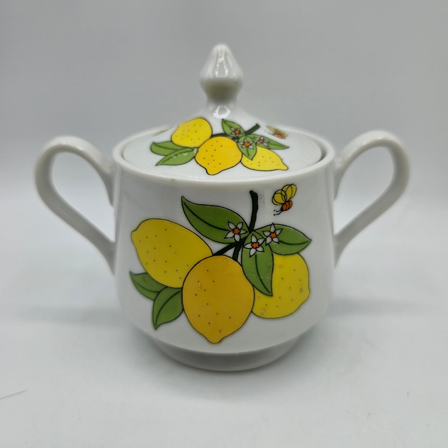 Vintage Lemon and Bee Themed Sugar Bowl with Lid and Handles