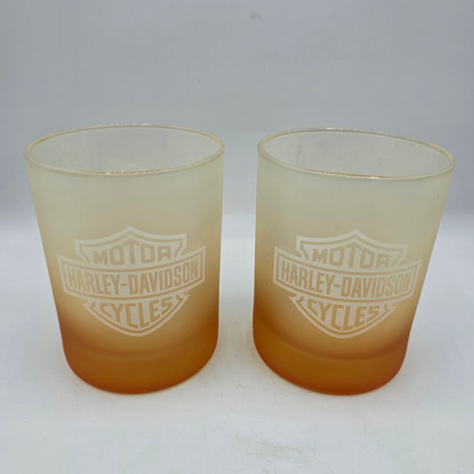 Harley Davidson 12oz Logo Glass Tumblers - Frosted Satin Fade to Orange - Set of 2