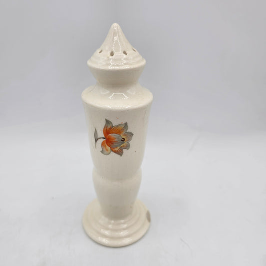 Vintage Tall Single Shaker, Crazed with Transferware Flower and Original Cork