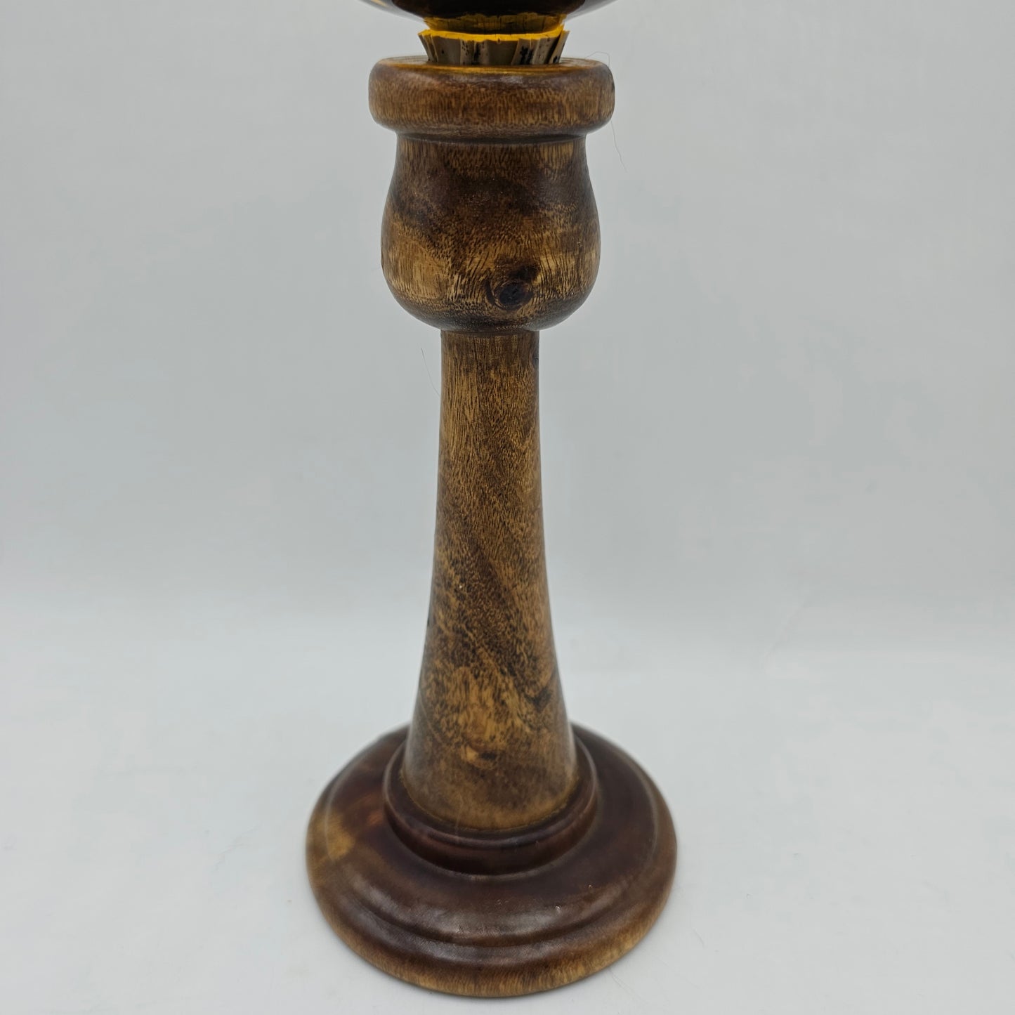 Vintage Turned Wood Candlestick (Repaired) with Amber Glass Peg Shade