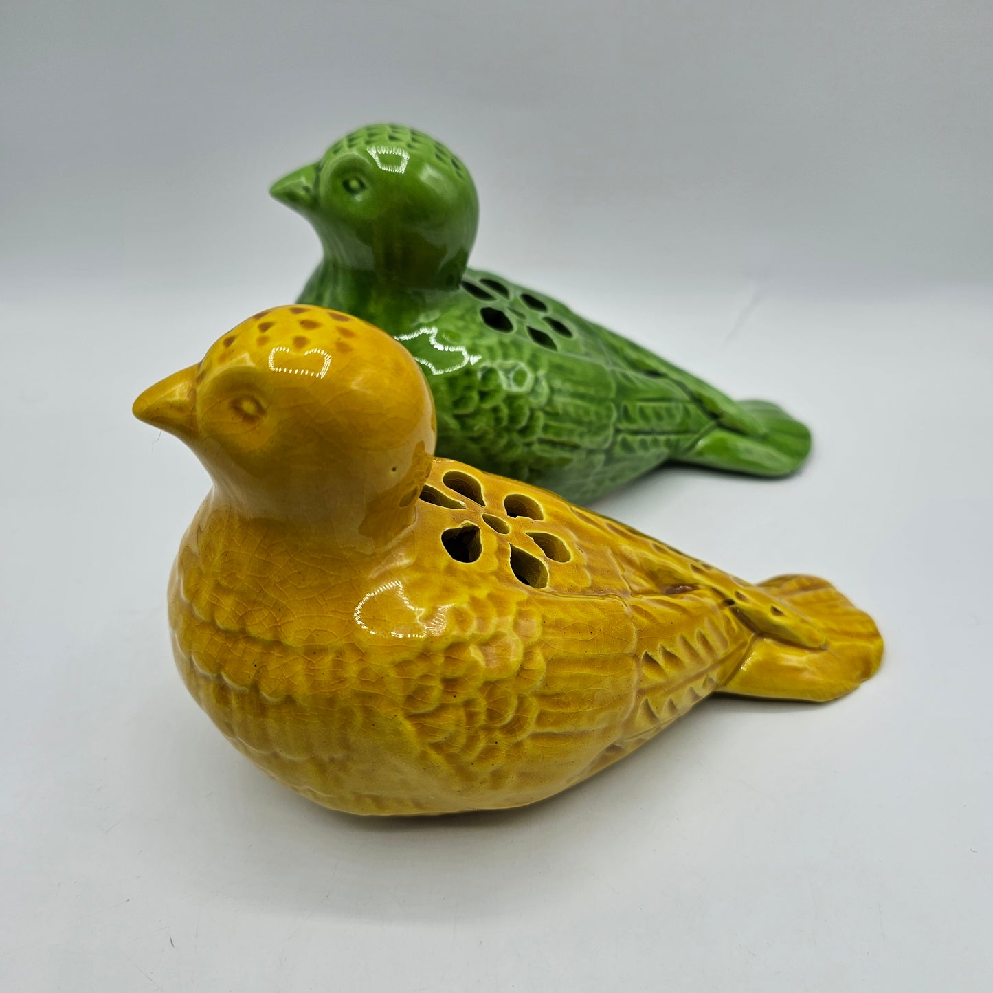 Vintage Yellow and Green Ceramic Flower Frog Birds - Made in Italy