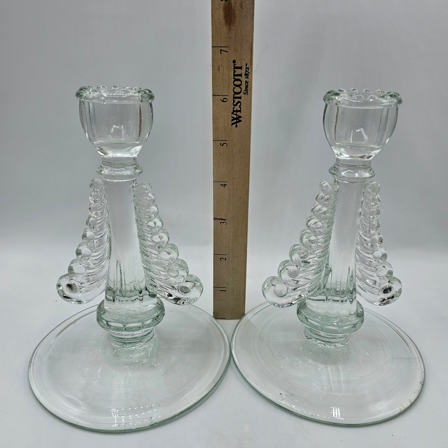 Baroque Style Scrolled Glass Taper Candlestick Pair