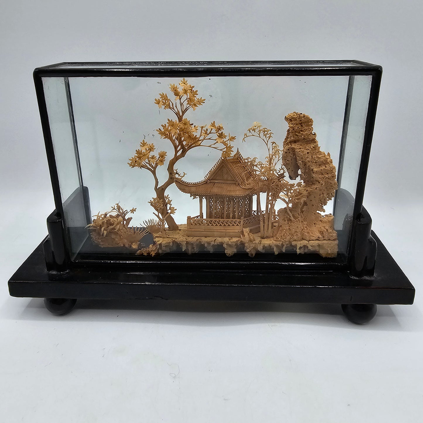 Vintage Chinese Hand Carved Cork Diorama Encased in a Black Lacquer and Glass Shadow Box