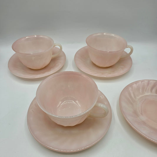 Fireking Pink Optic Swirl Glass Cups and Saucers - 3 Sets + Saucer