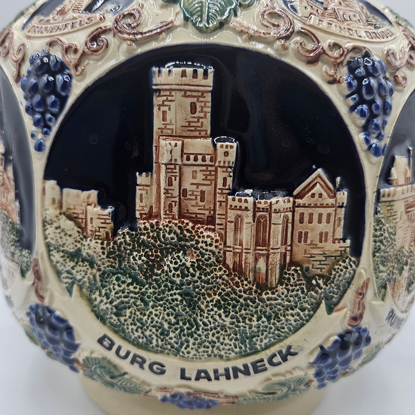 Vintage Gerz Gerzit German Rumtopf Stoneware Punch Bowl / Planter with Relief Rhine Castles
