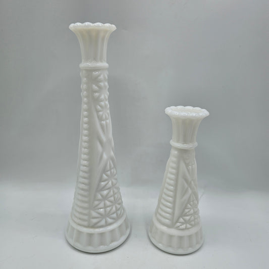 Vintage Anchor Hocking Stars & Bars Milk Glass Bud Vases - Set of 2