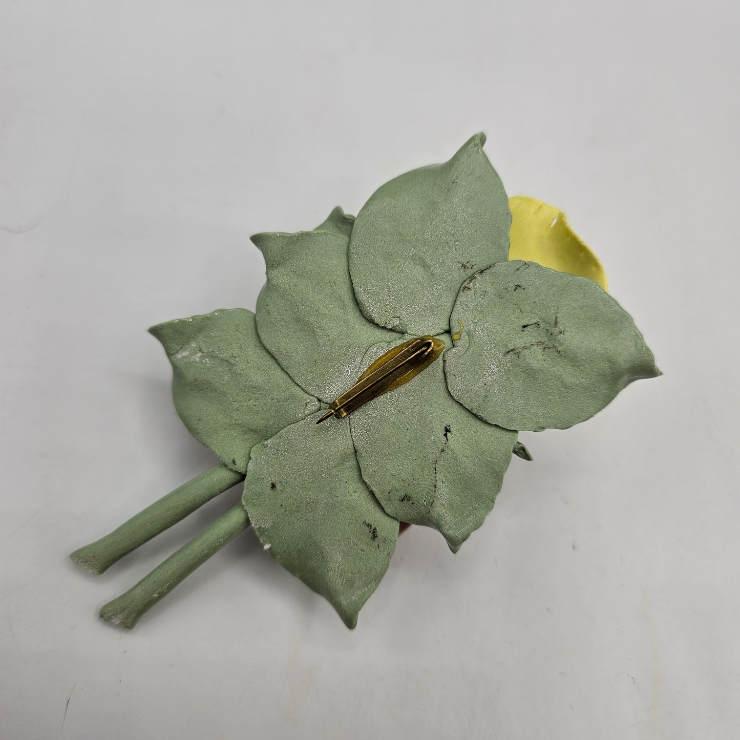 Artisan Pottery Pink and Yellow Roses Pin on Brooch