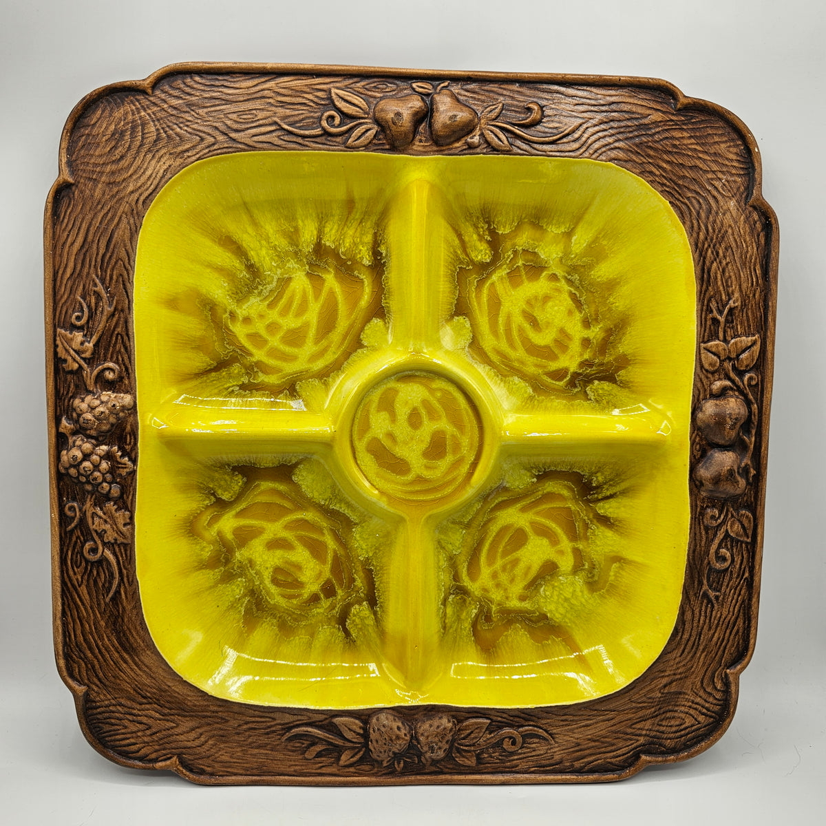 Treasure Craft Vintage Divided Ceramic Serving Tray with Grape Motif and Yellow Drip Glaze
