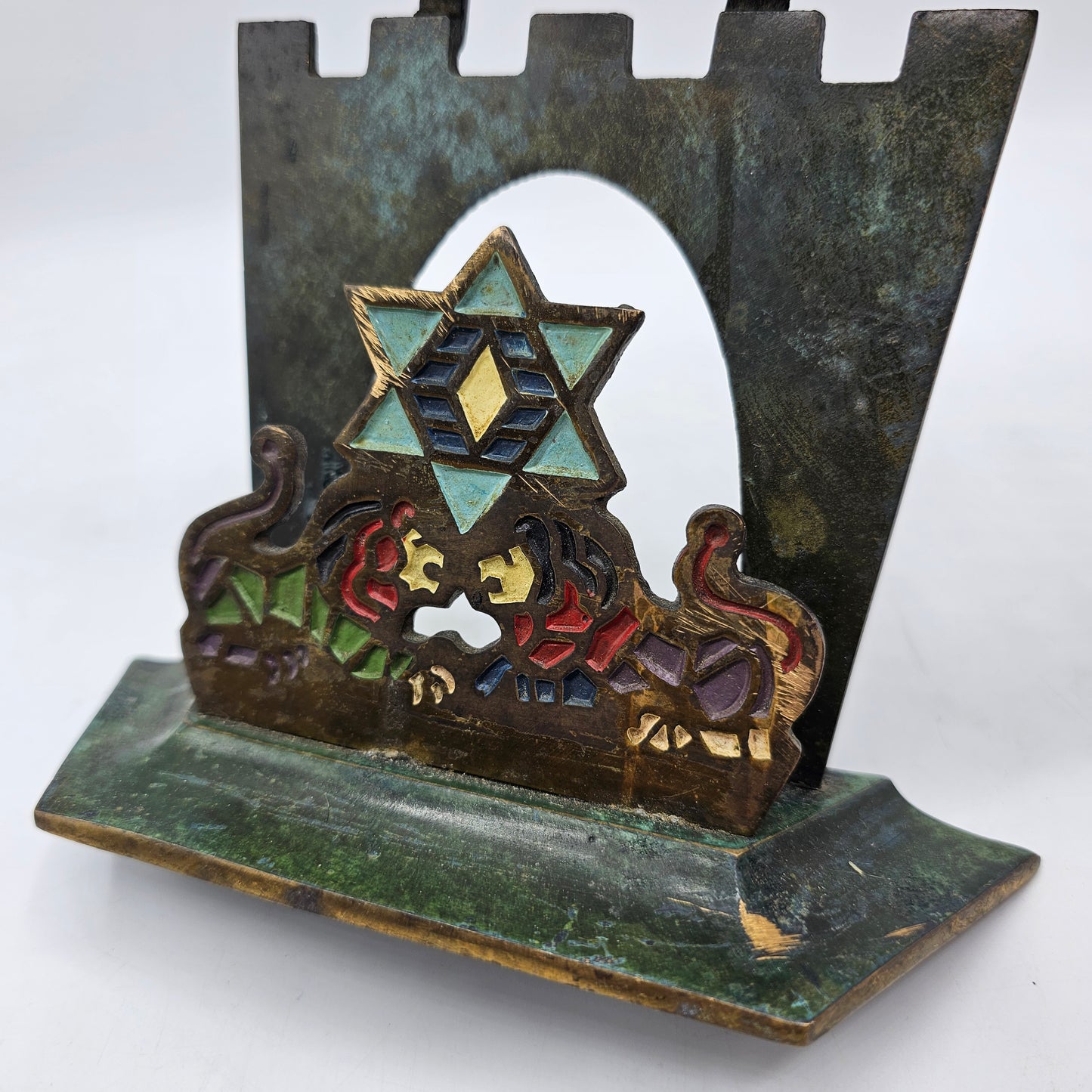 Vintage Solid Brass Painted Menorah for Taper Candles