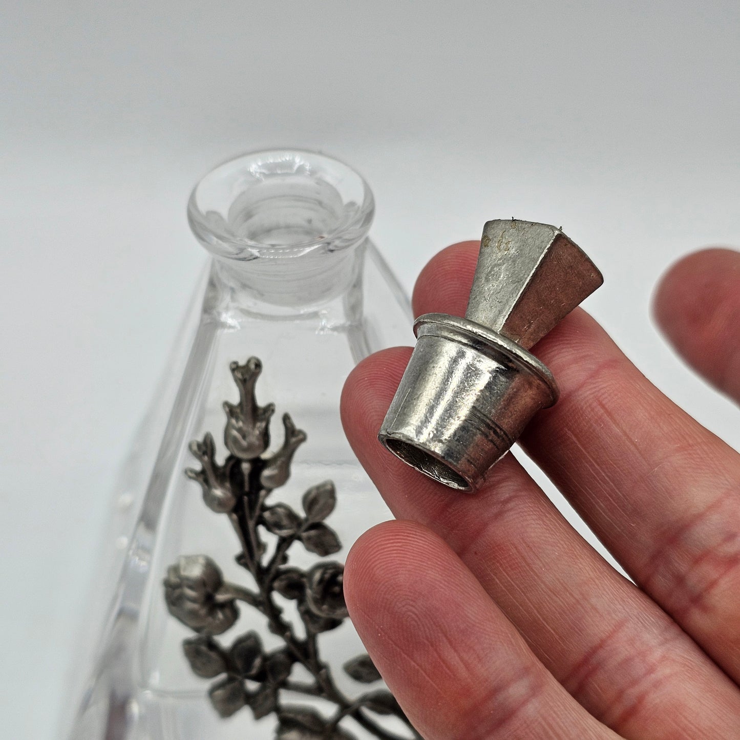 Vintage Glass Pyramid Perfume Bottle with Applied Pewter Flowers