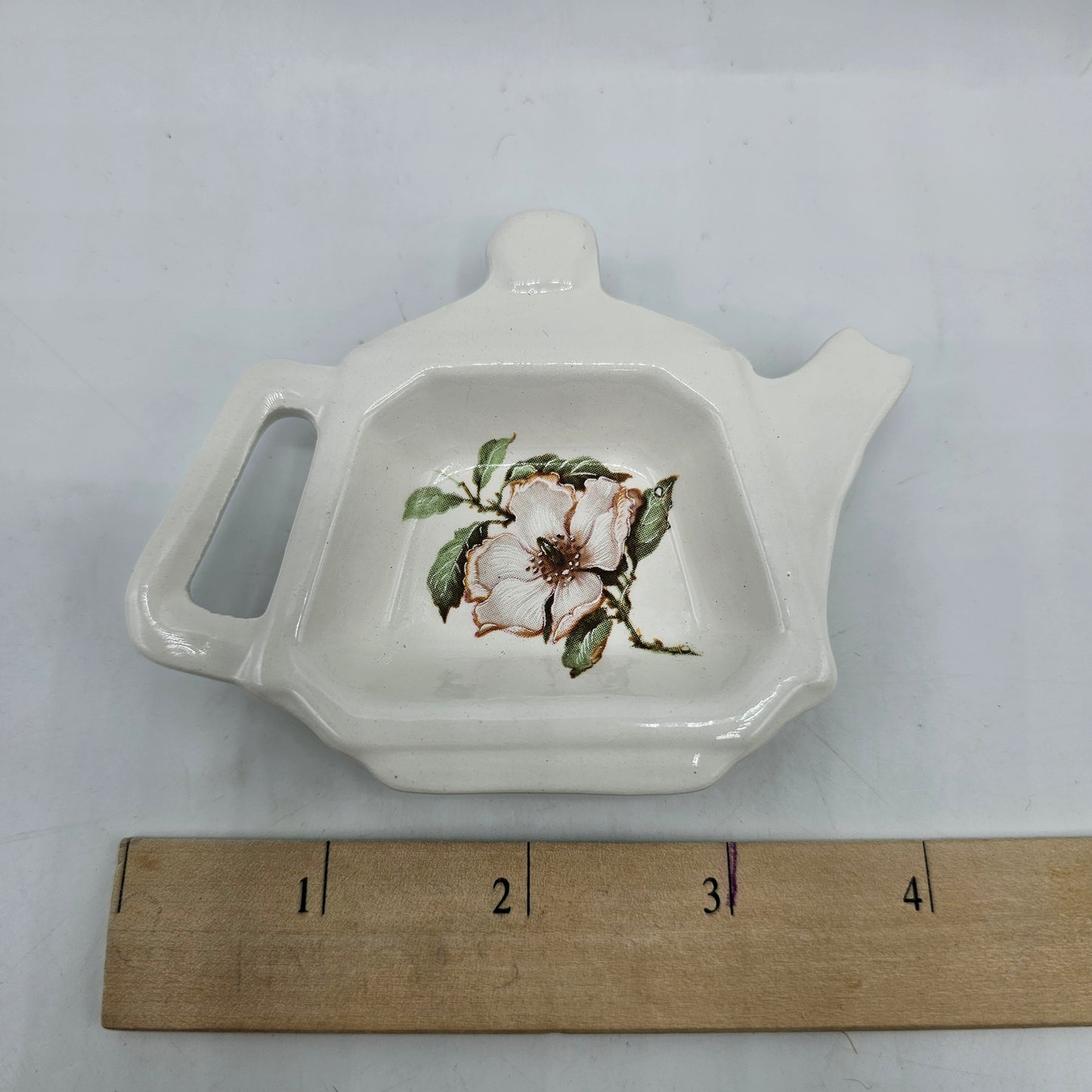Ceramic Teapot Shaped Spoon Rest / Tea Bag Holder with Transferware Dogwood Flower - Plain Finish
