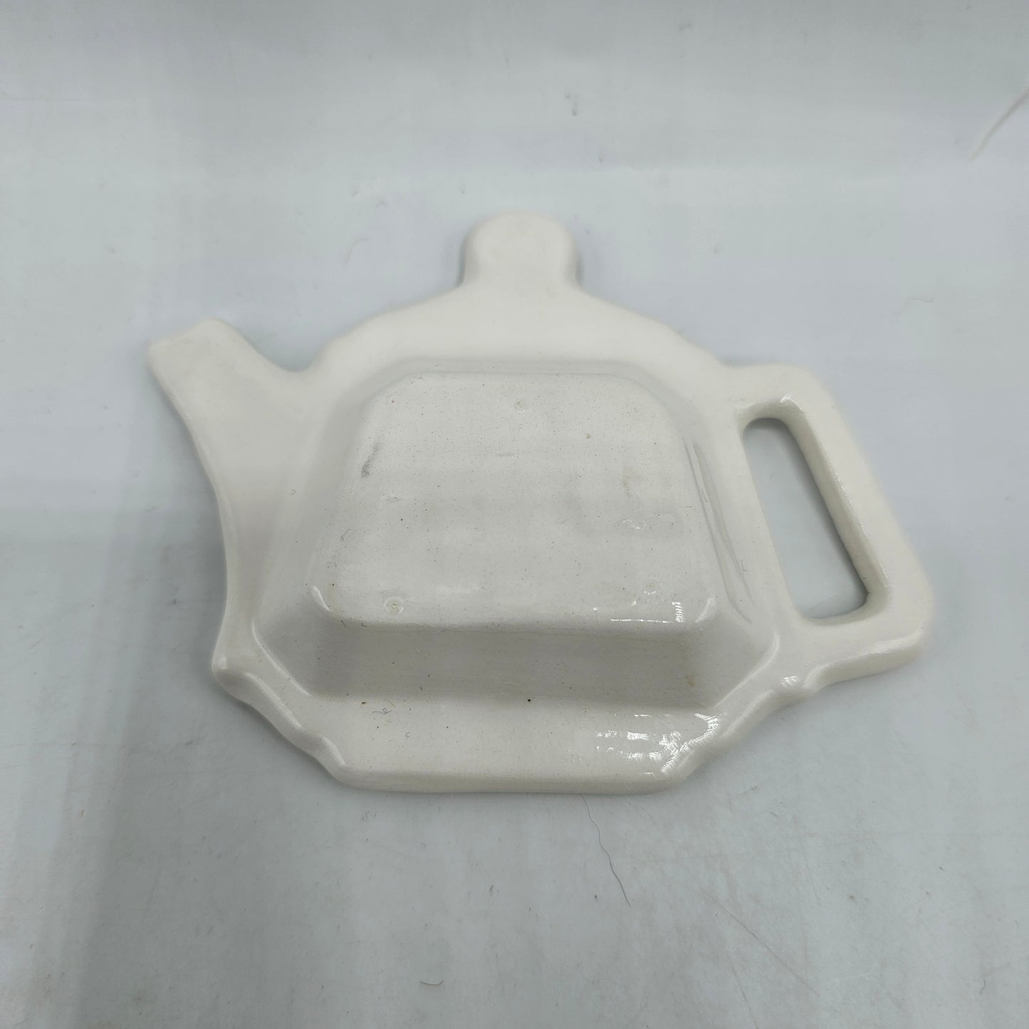 Ceramic Teapot Shaped Spoon Rest / Tea Bag Holder with Transferware Dogwood Flower - Plain Finish