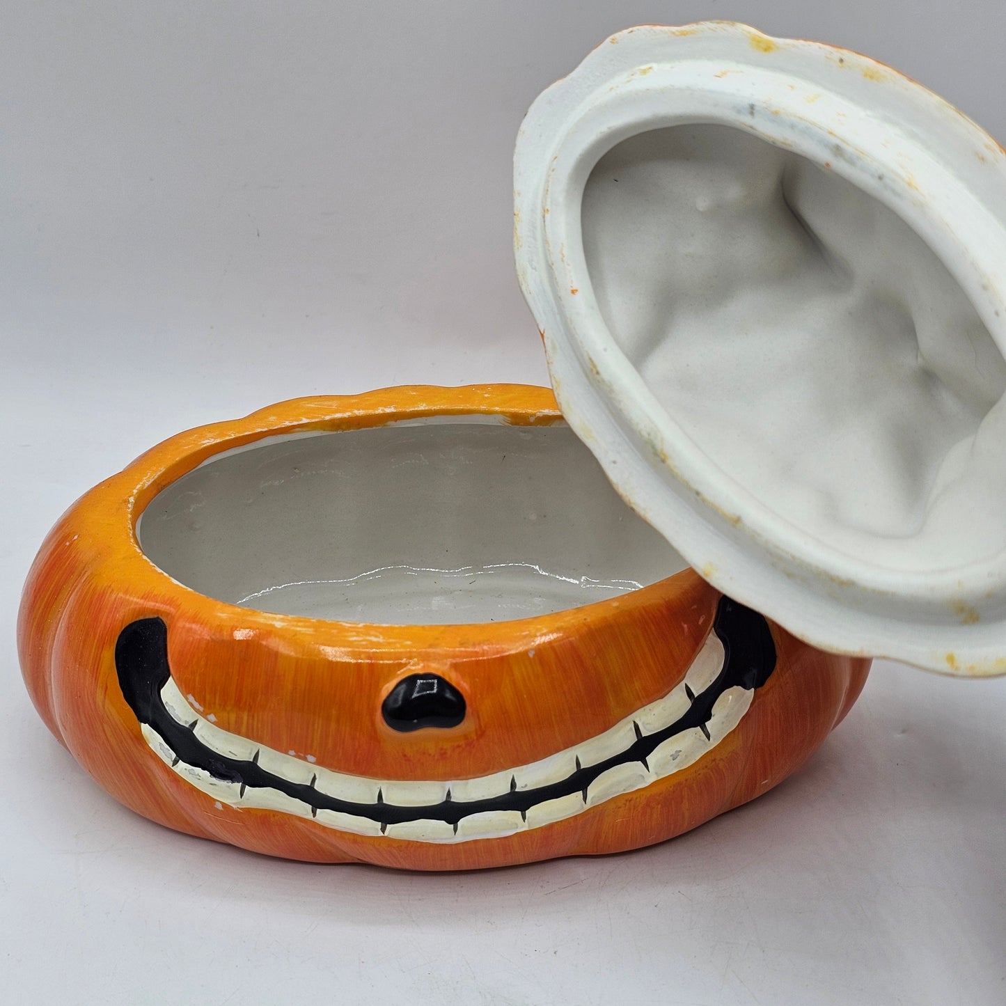 Vintage Hand Painted Ceramic Pumpkin Jack O Lantern Trinket Box