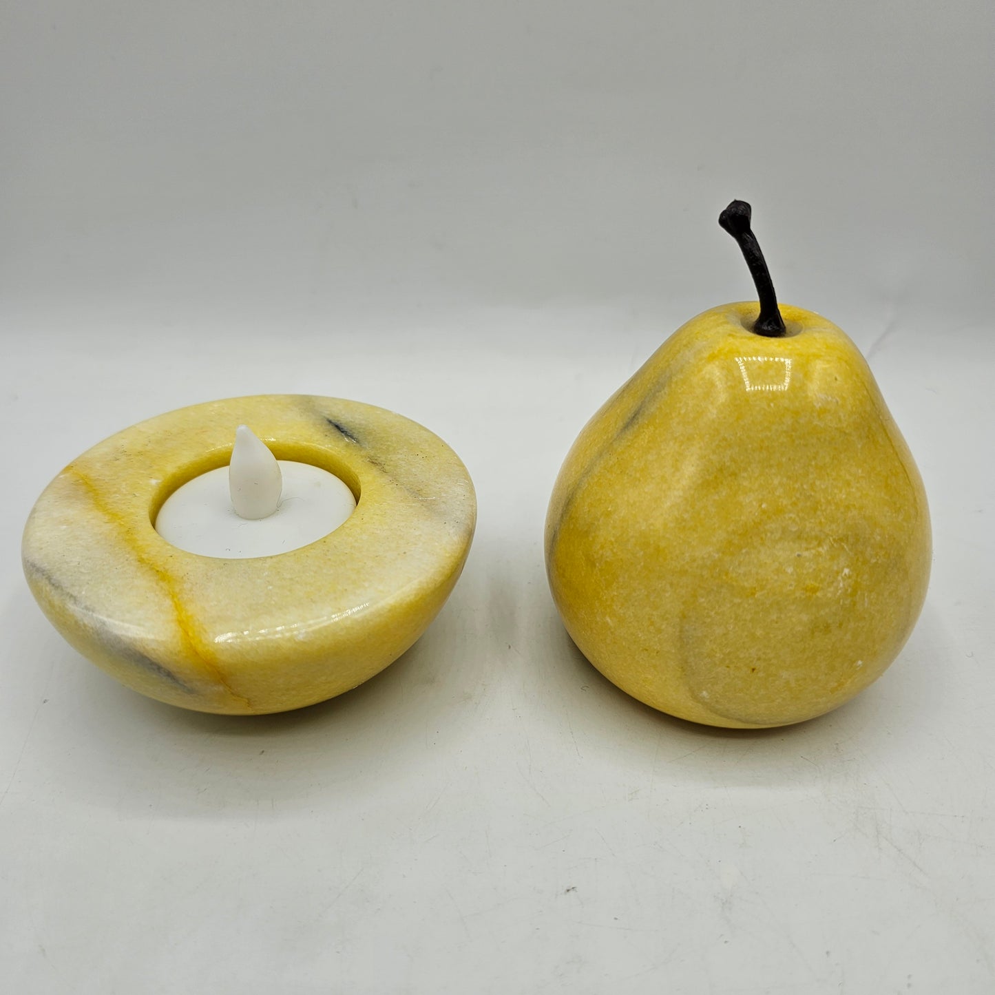 Yellow Alabaster Stone Pear and Tealight Candle Holder Set