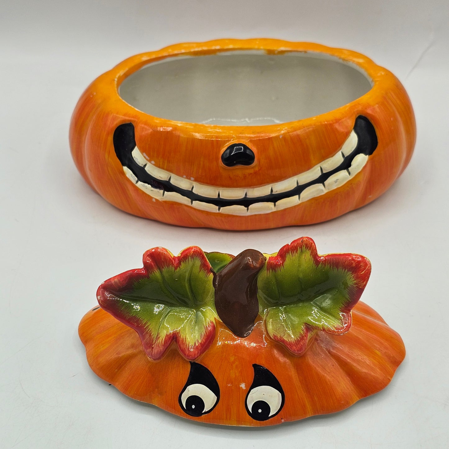 Vintage Hand Painted Ceramic Pumpkin Jack O Lantern Trinket Box