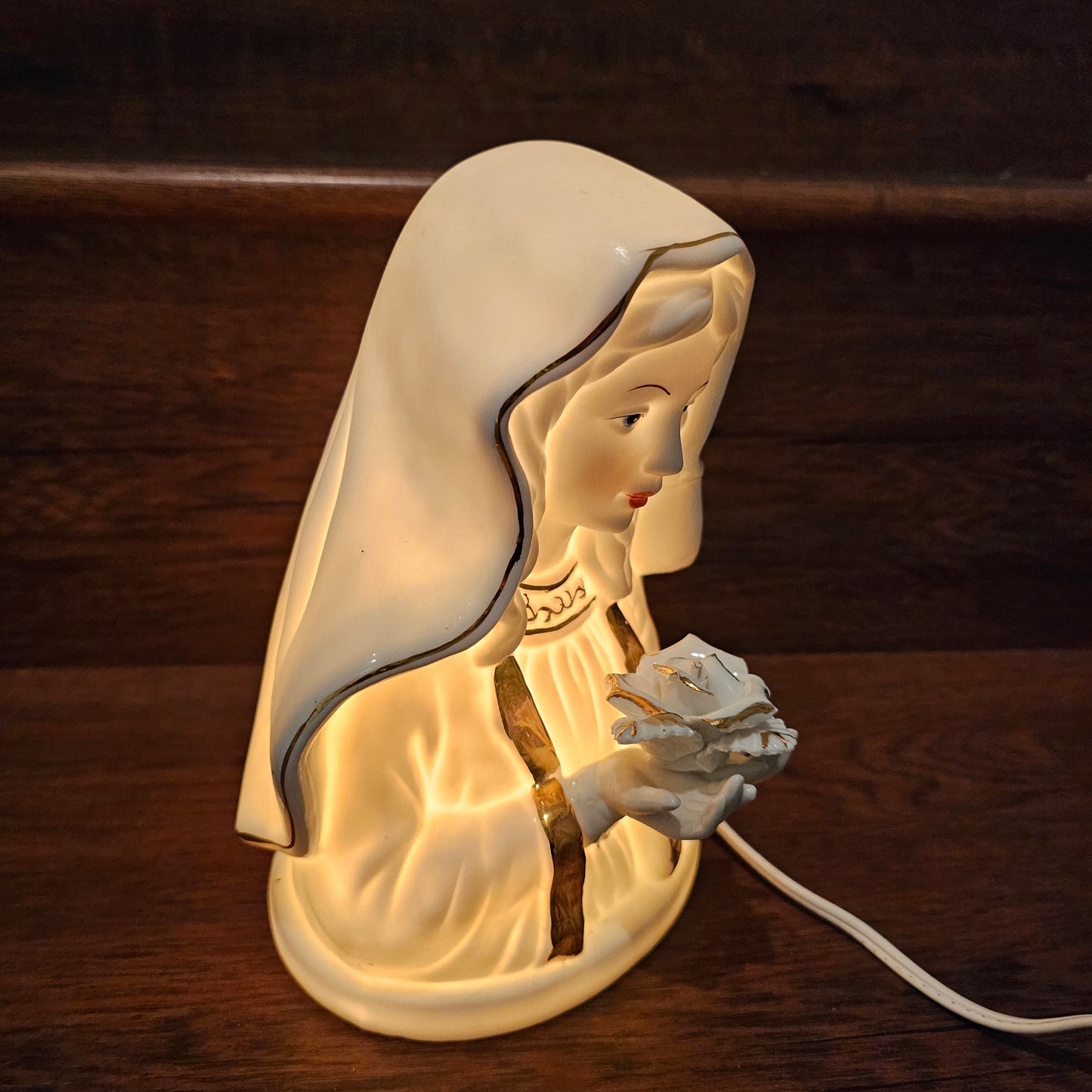 White Bisque Ceramic Virgin Mary Electric Plug In Night Light with Gold Accent Trim
