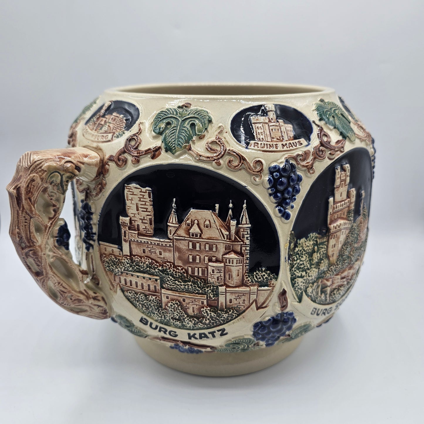 Vintage Gerz Gerzit German Rumtopf Stoneware Punch Bowl / Planter with Relief Rhine Castles