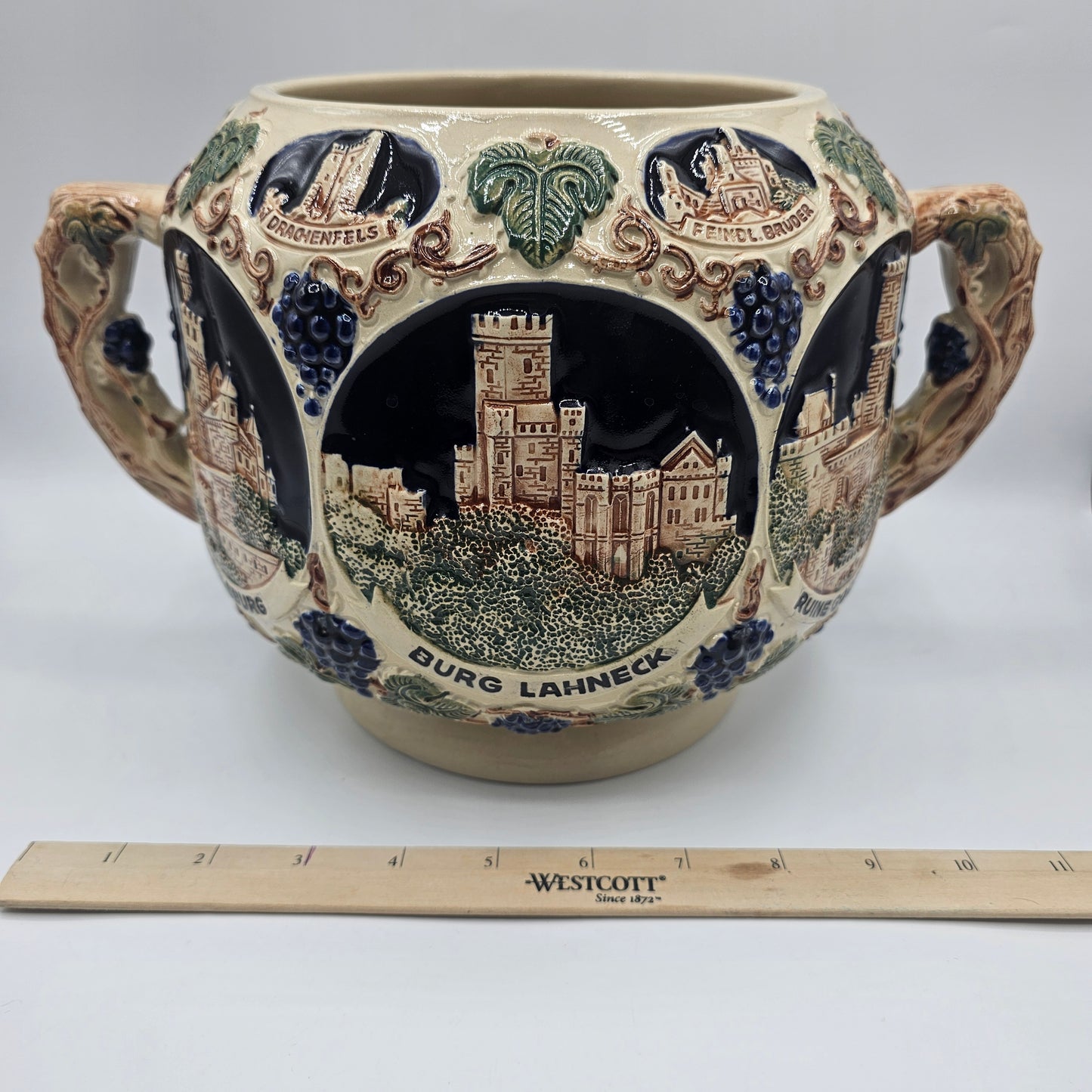 Vintage Gerz Gerzit German Rumtopf Stoneware Punch Bowl / Planter with Relief Rhine Castles