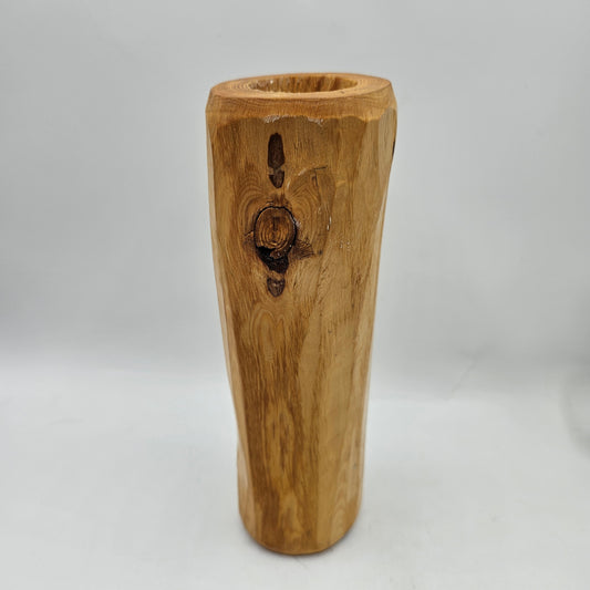 Rustic Hand Carved Pine Wood Tea Light Candlestick 8.5" Tall