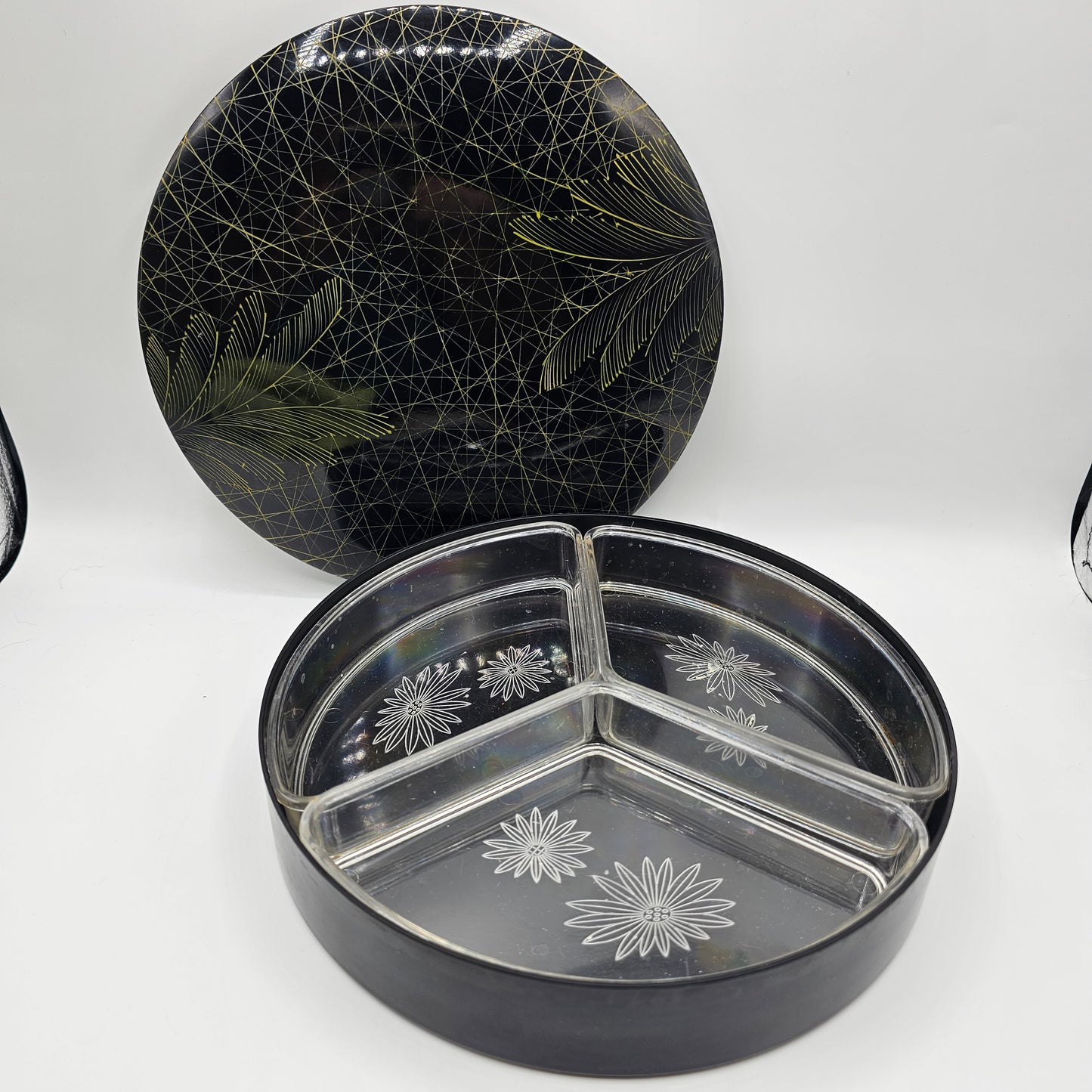 Black Asian Lacquerware Lidded Candy Dish with Clear Decorative Plastic Inserts