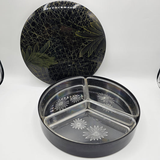 Black Asian Lacquerware Lidded Candy Dish with Clear Decorative Plastic Inserts