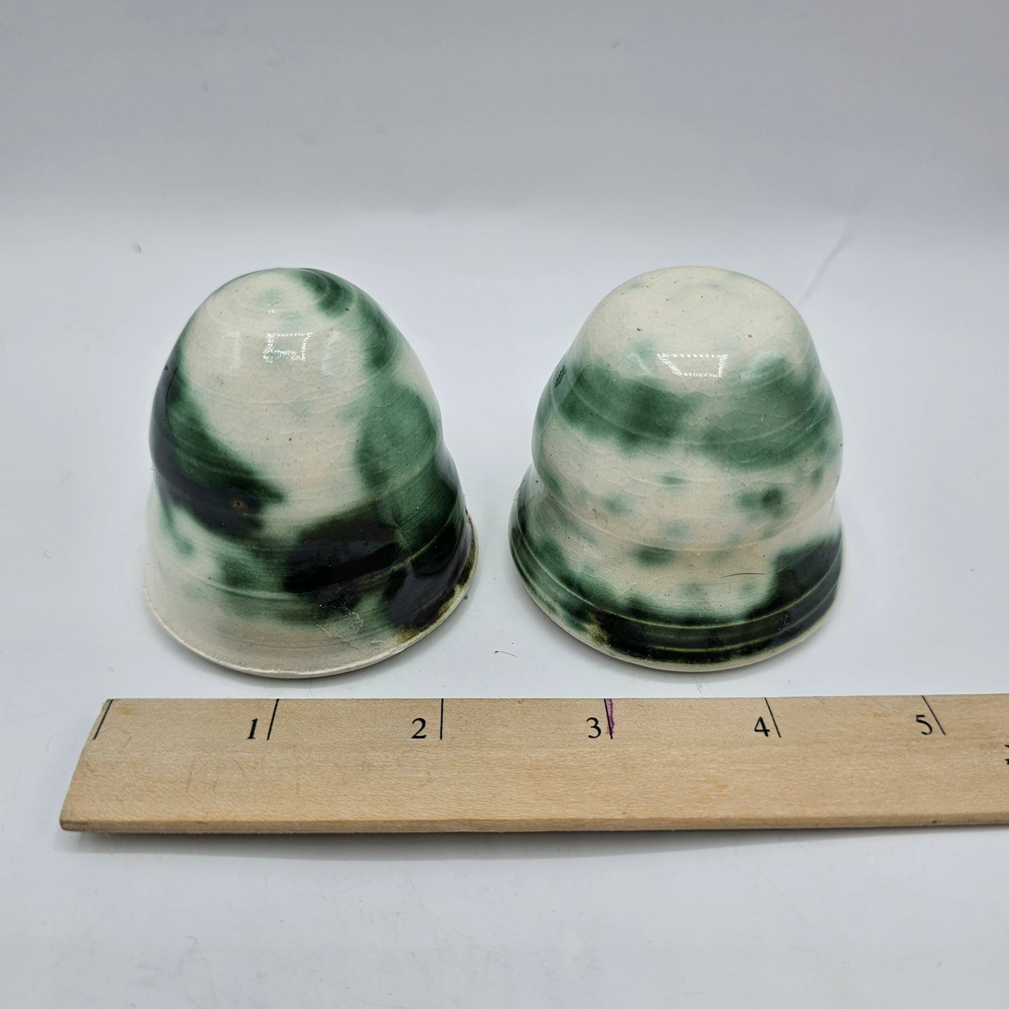 Artisan Pottery Funnel Style "Holeless" Salt and Pepper Shaker Set - White and Green Swirl