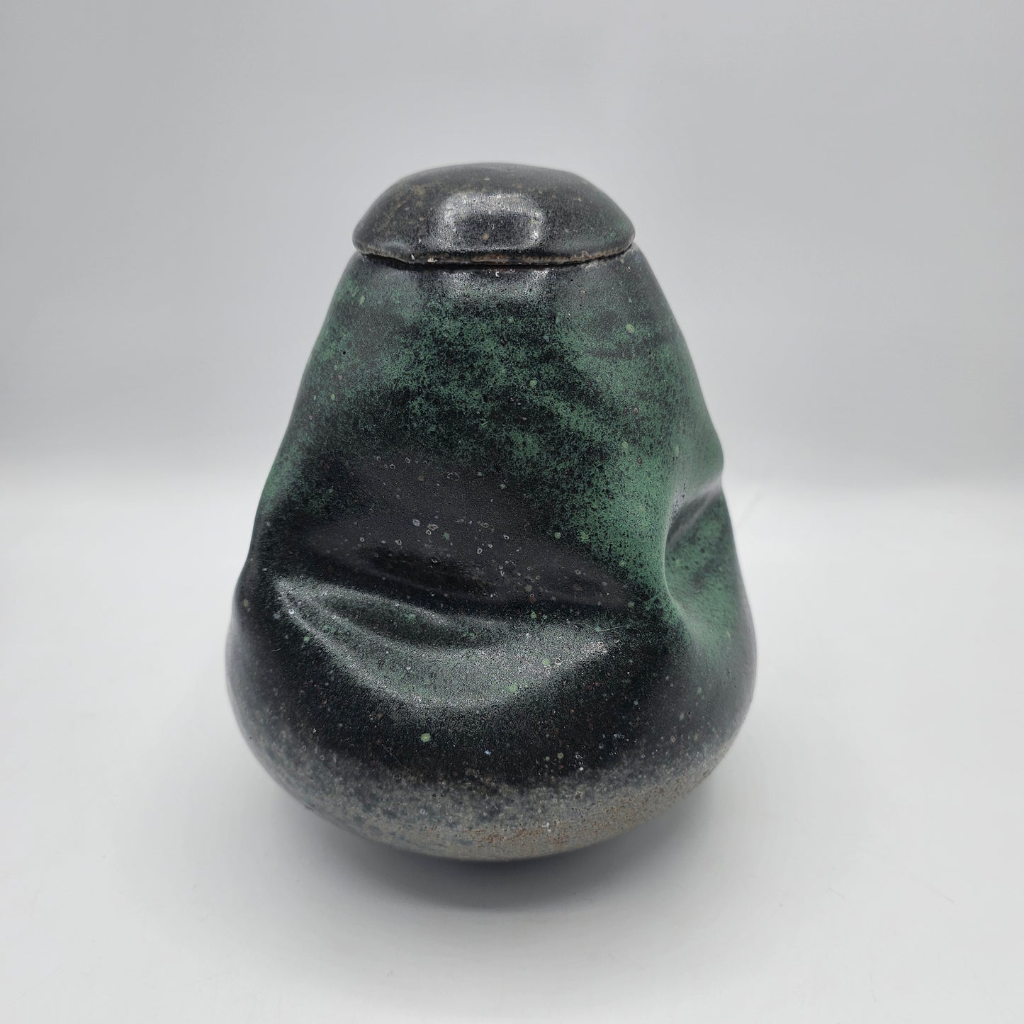 Artisan Pottery Green Squeezed Lidded Jar