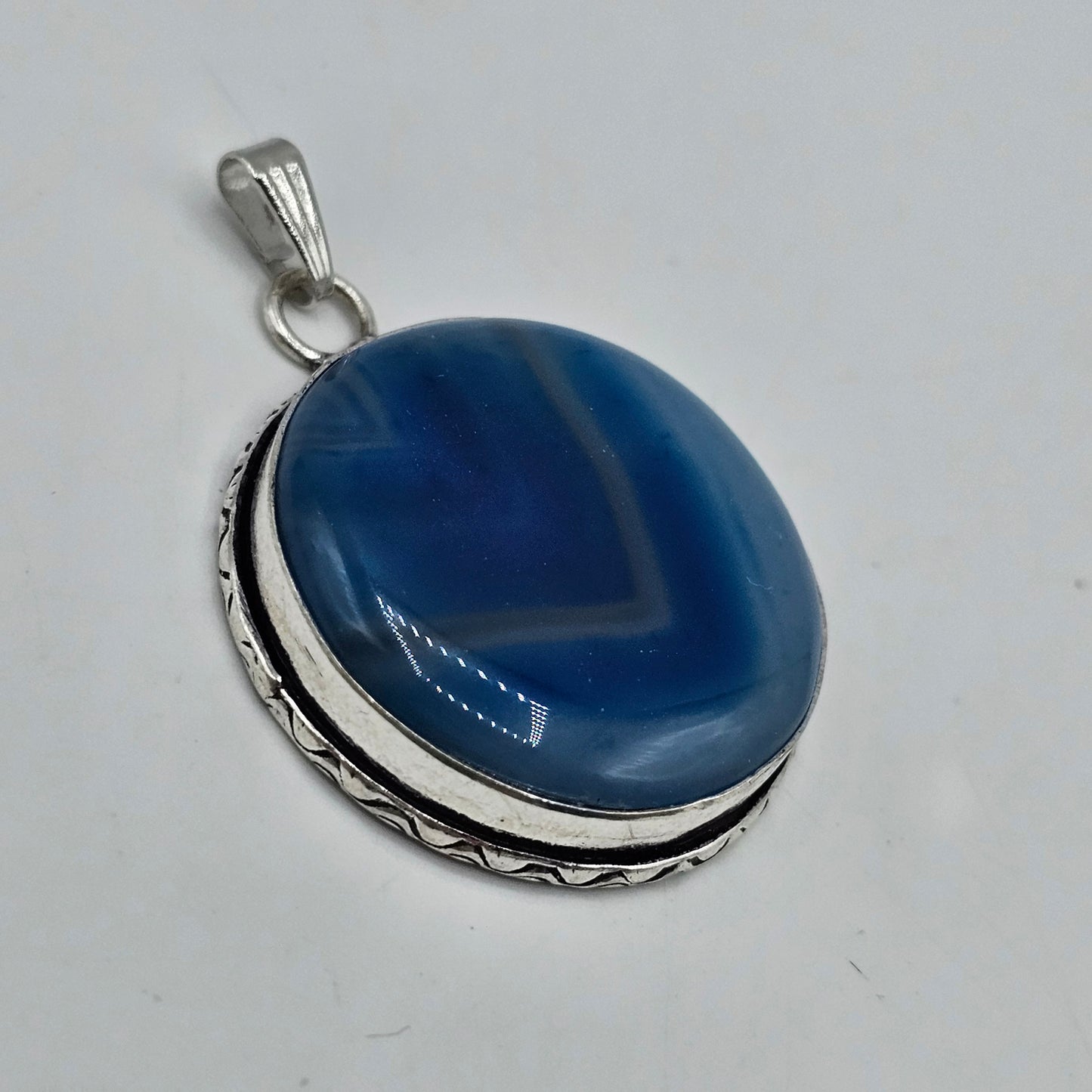 Round Blue Banded Agate Pendant with Silver Tone Setting