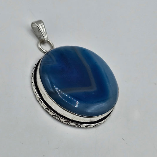 Round Blue Banded Agate Pendant with Silver Tone Setting