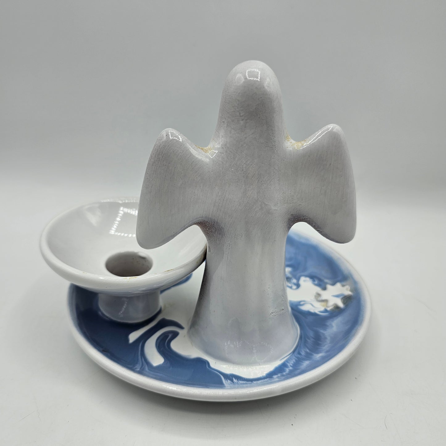 Angel Taper Candle Holder with Blue and White Drip Glaze Trinket Dish
