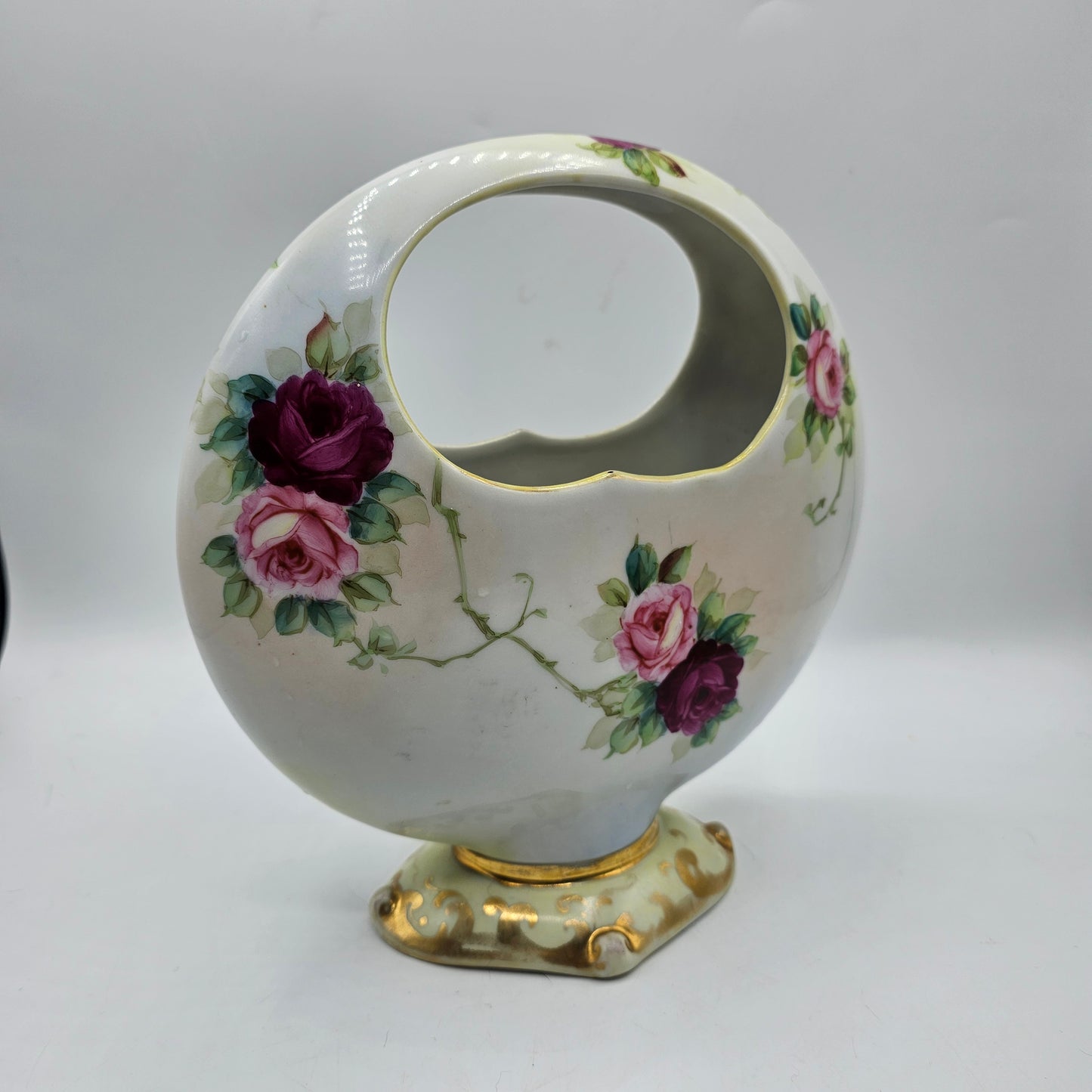 Antique Porcelain Basket Style Vase with Hand Painted Roses