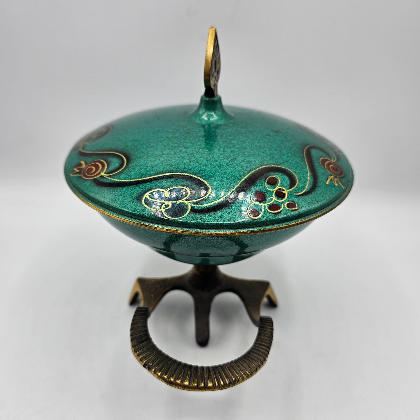 Vintage Israeli Hand Painted Green Enamell and Brass Candy Dish - Made in Israel