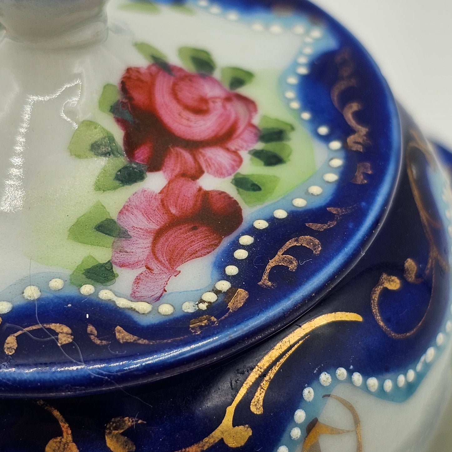 Vintage Japanese Moriage Lidded Jelly Bowl with attached Saucer