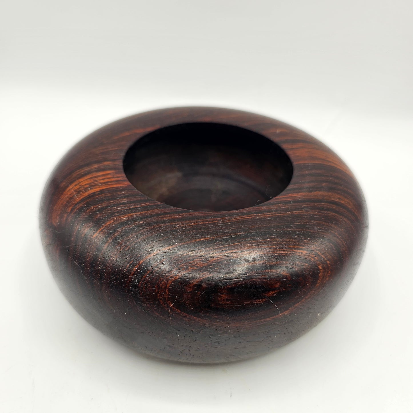 Vintage Carved Polished Round Dark Wood Candle Holder