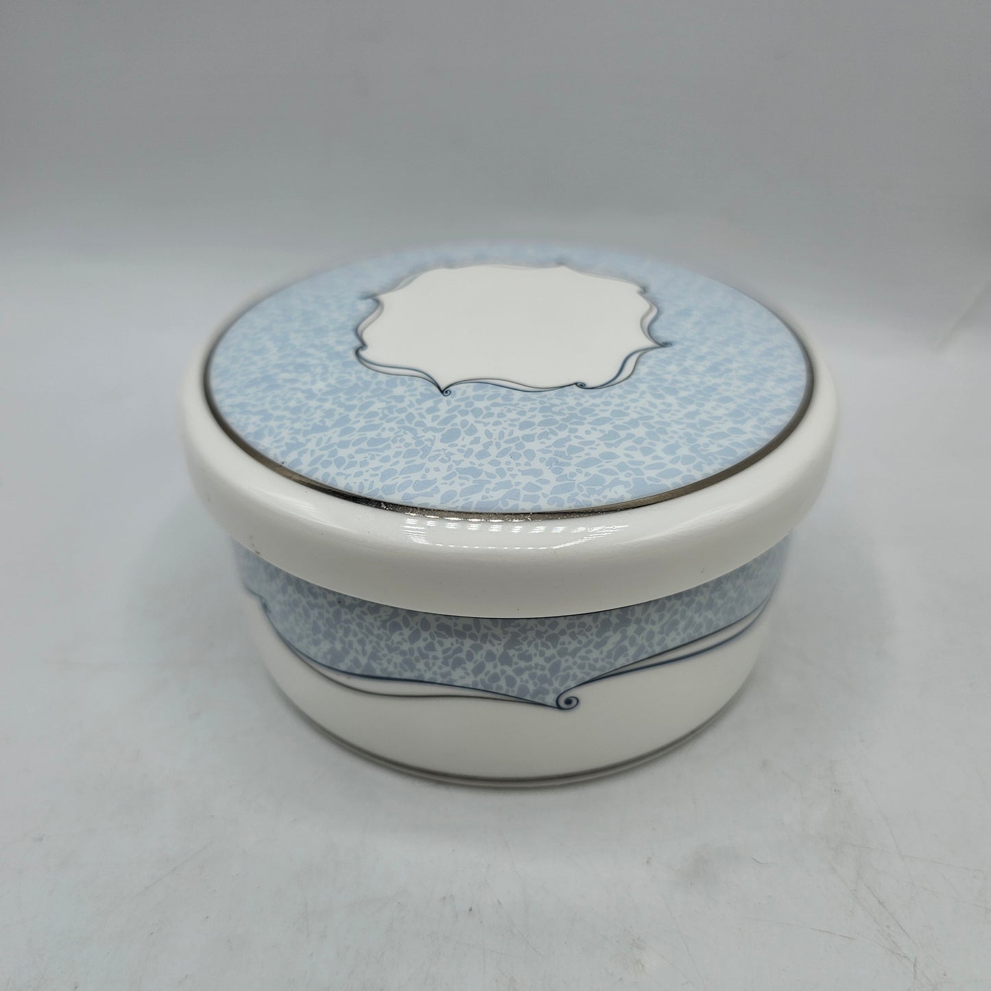 Wedgewood Venice Bone China Round Trinket Box in Pale Blue with Silver Scrolls