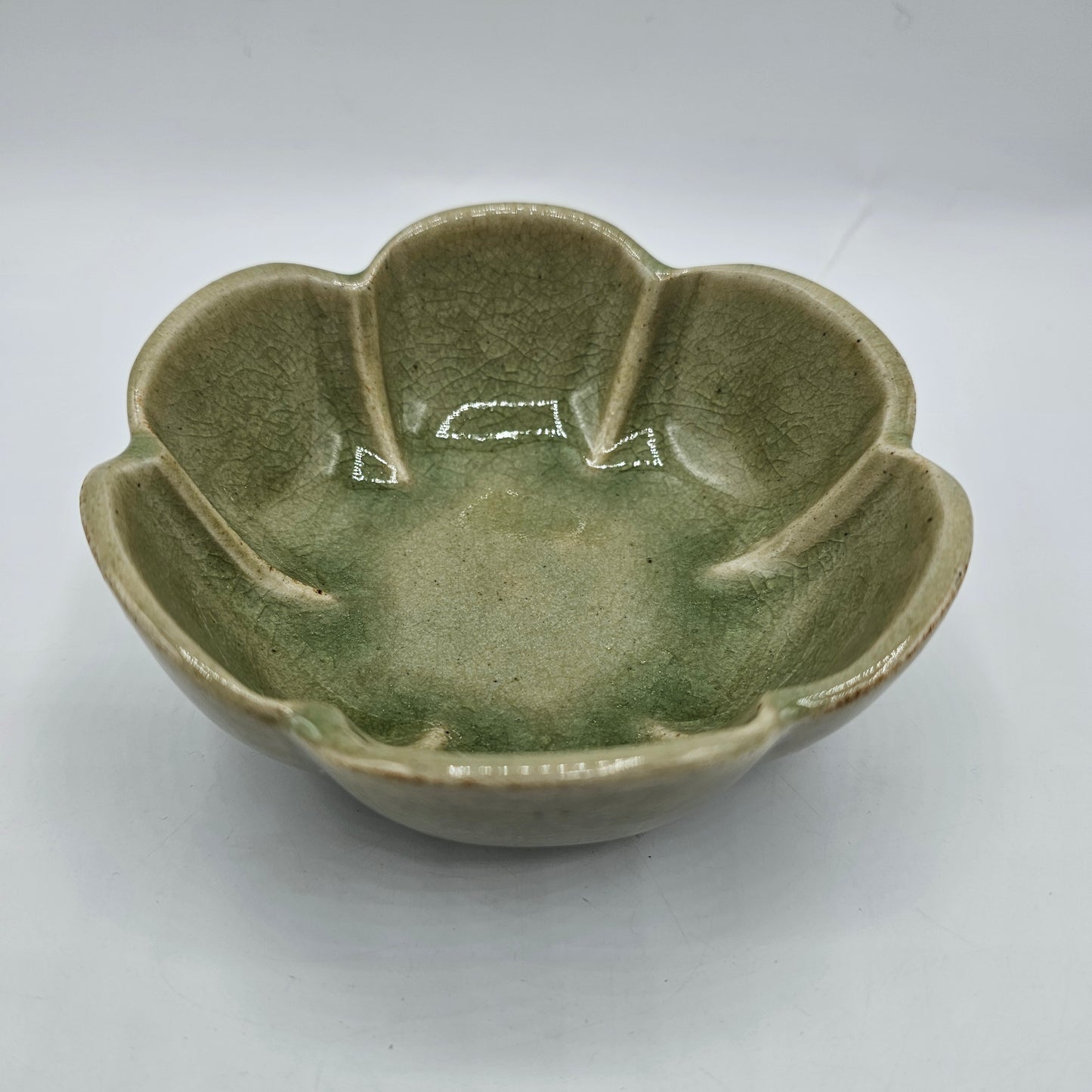 Thai Celadon Green Flower Bowl with Natural Crazing
