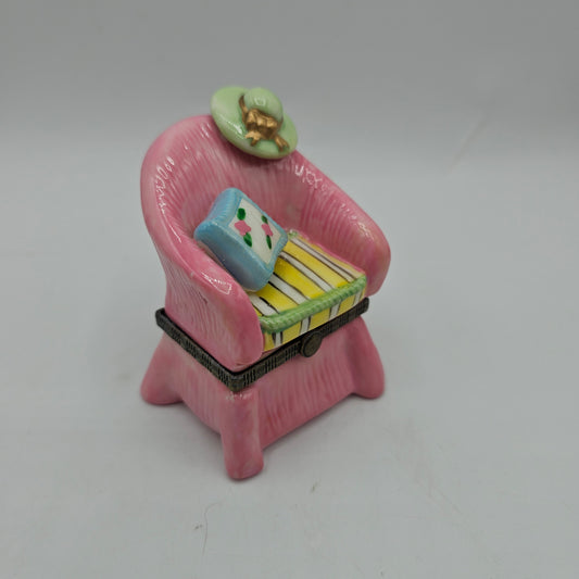 Pink Armchair Hinged Ceramic Trinket Box with Cushions and Hat