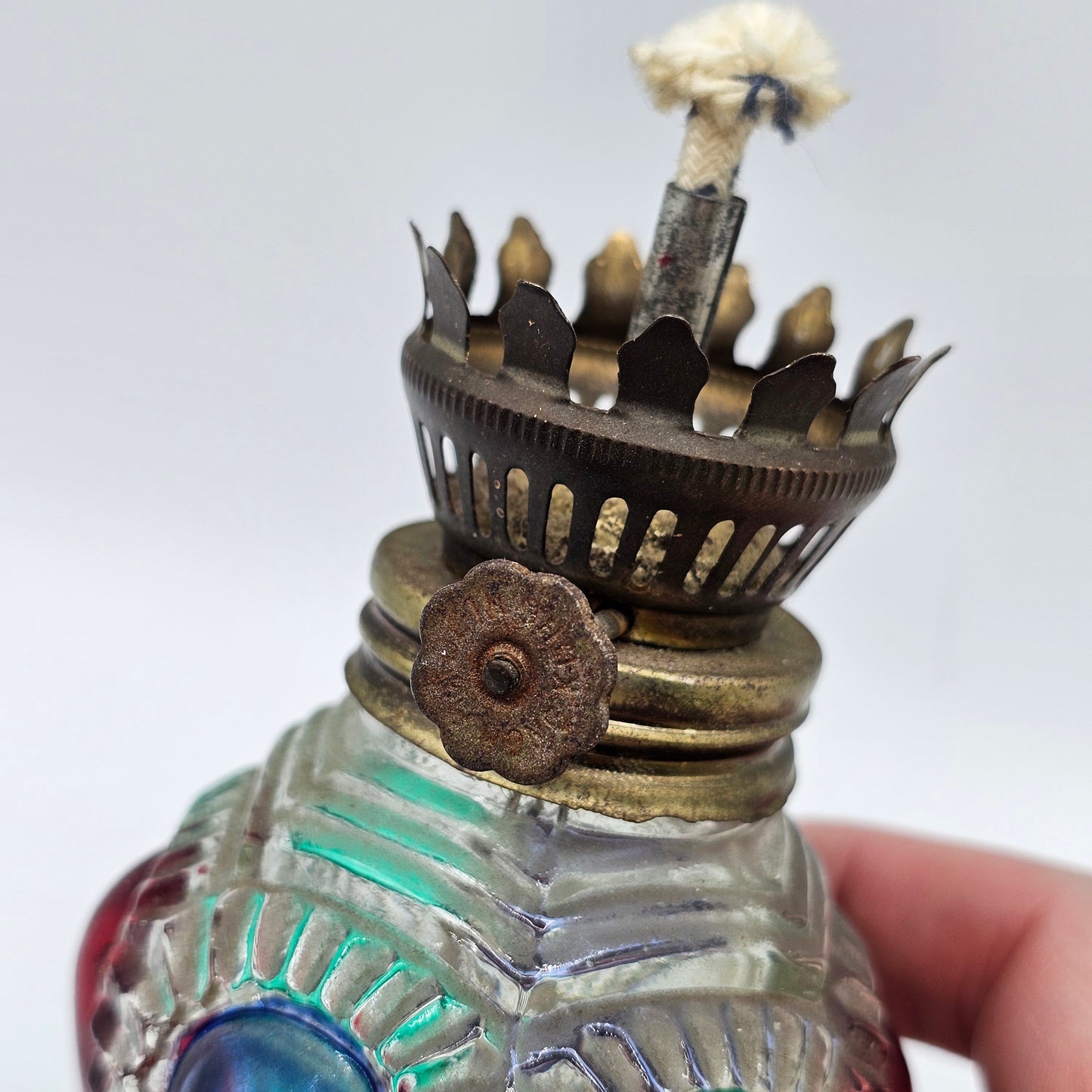Vintage Small Painted Panel Glass Hurricane Oil Lamp with Wick