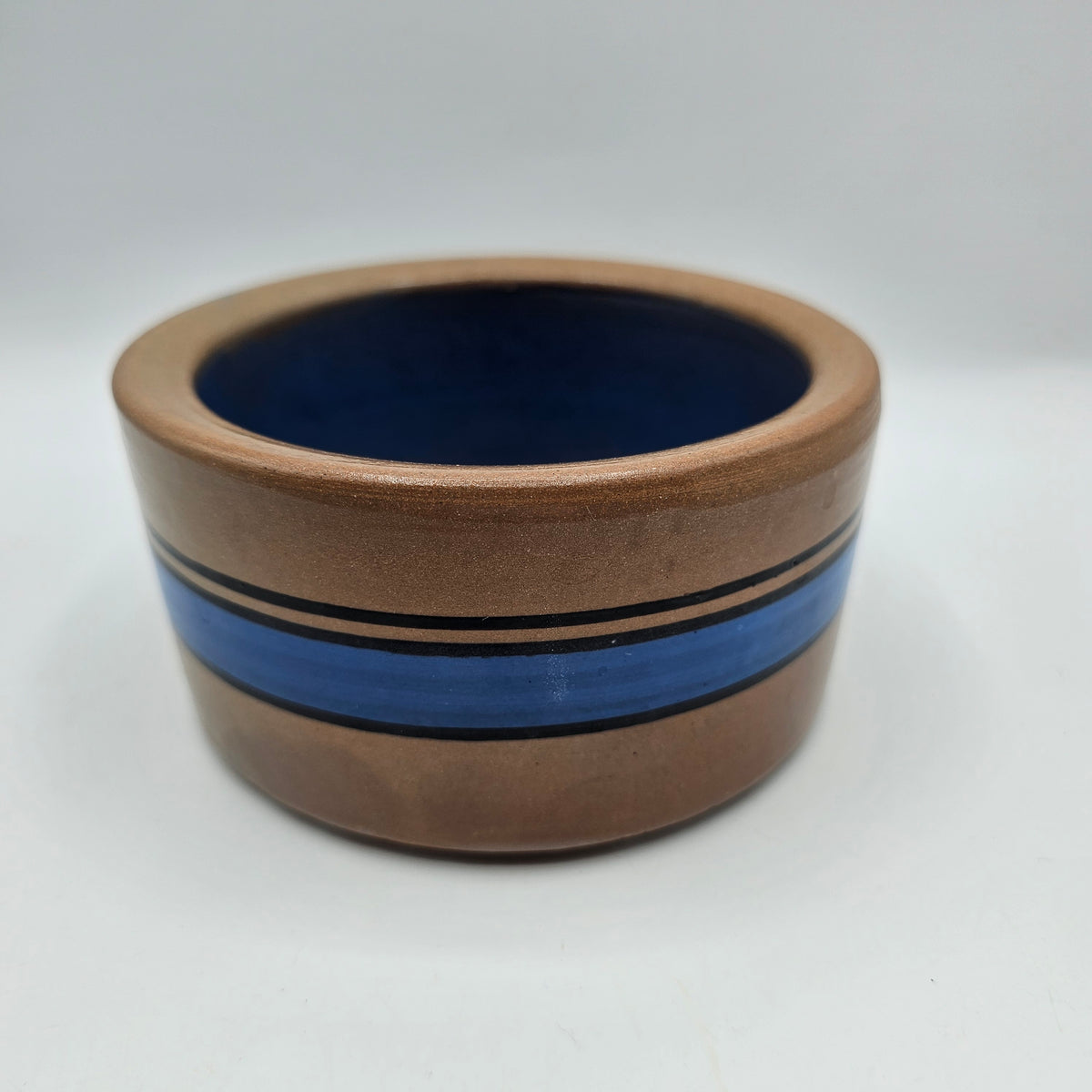 Pottery Crock Bowl with Blue Interior and Blue and Black Stripes